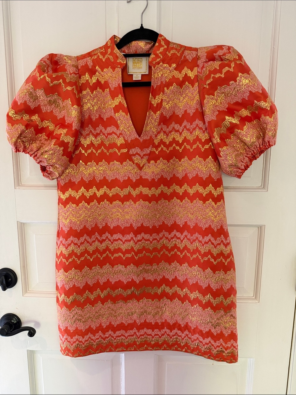 Emily McCarthy  Orange, Pink & Gold Metallic Zigzag V-Neck Dress